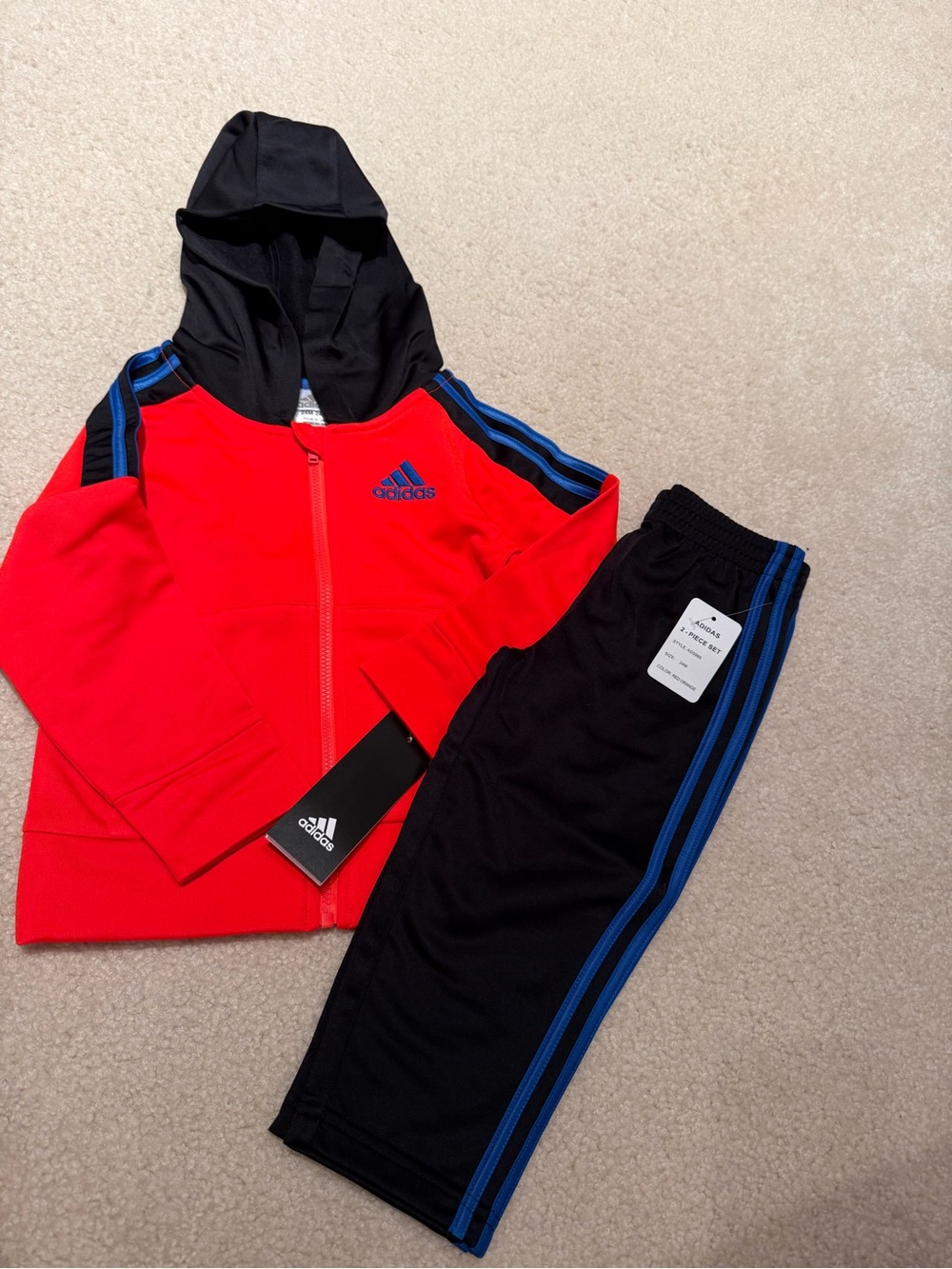adidas Kids Red Hooded Jacket with Black Joggers and Blue Stripes